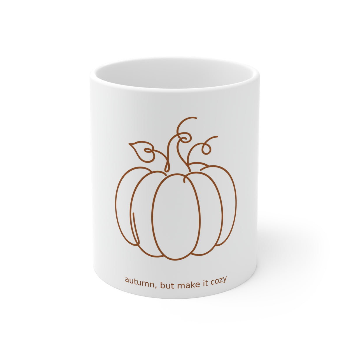 Autumn But Make It Cozy ceramic mug with a one line pumpkin illustration, 11 oz