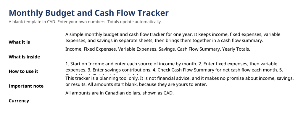 Actual Cover sheet from the Monthly Budget and Cash Flow Tracker in CAD, shown blank as delivered.