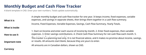 Actual Cover sheet from the CAD budget tracker in the bundle, shown blank as delivered.
