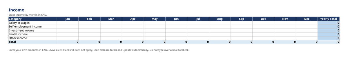 Actual Income sheet from the Monthly Budget and Cash Flow Tracker in CAD, shown blank as delivered.