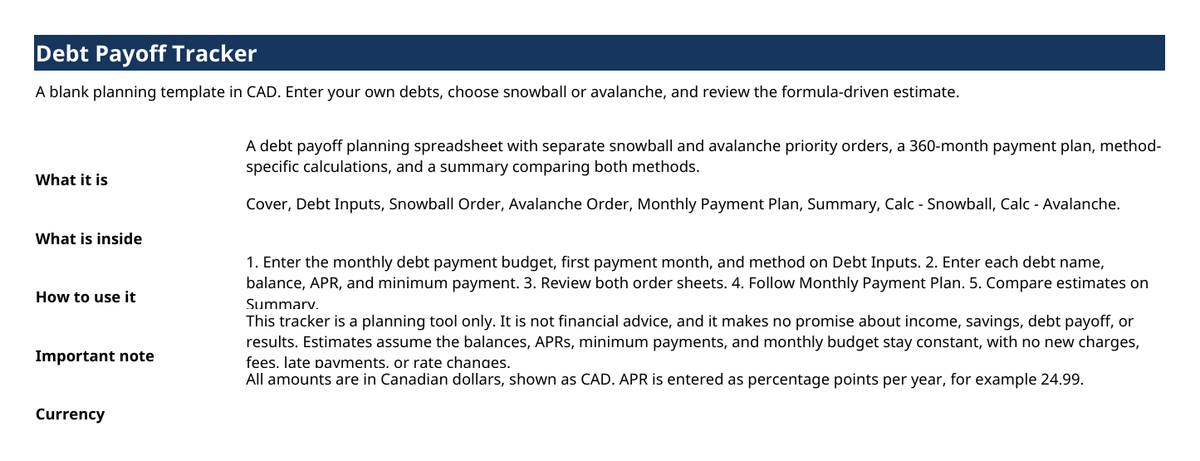 Actual Cover sheet from the Debt Payoff Tracker, shown blank as delivered.