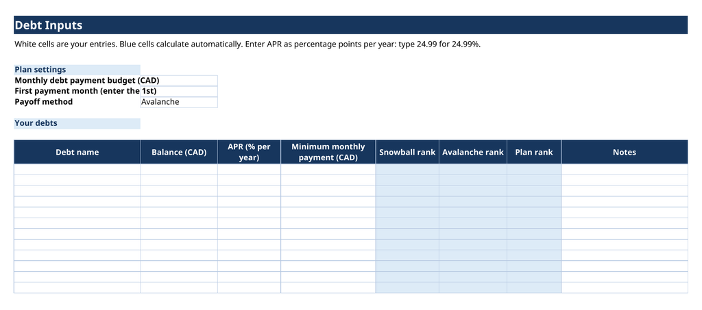 Actual Debt Inputs sheet from the Debt Payoff Tracker in the bundle, shown blank as delivered.
