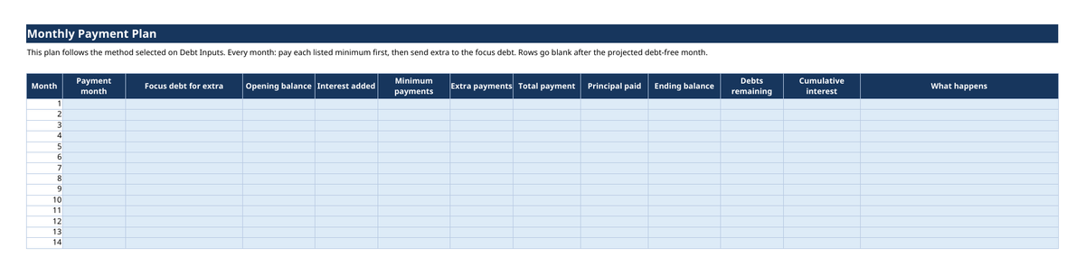 Actual Monthly Payment Plan sheet from the Debt Payoff Tracker in the bundle, shown blank as delivered.