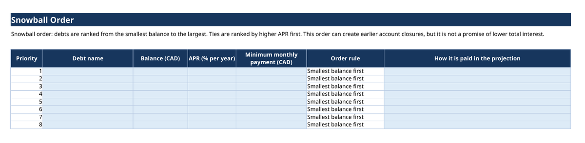 Actual Snowball Order sheet from the Debt Payoff Tracker, shown blank as delivered.