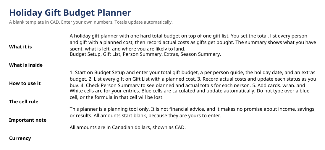 Actual Cover sheet from the Holiday Gift Budget Planner in CAD, shown blank as delivered.